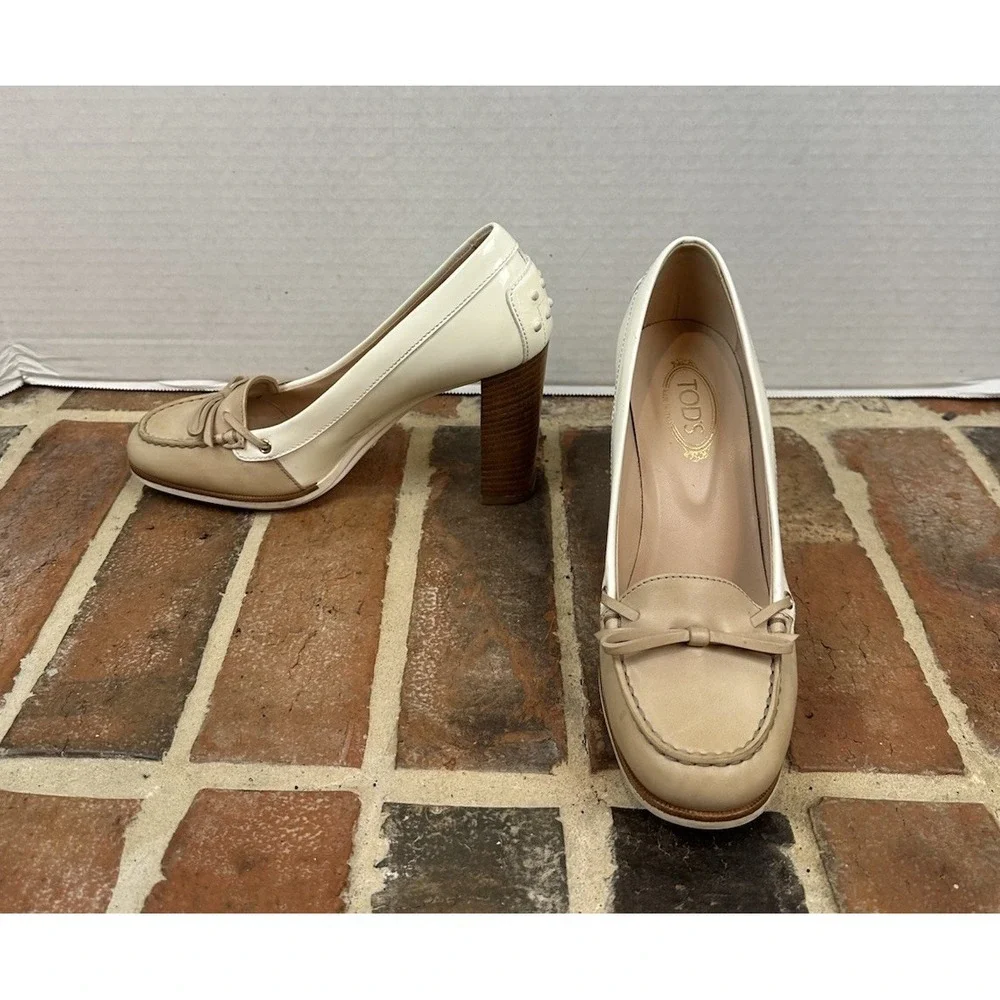 Tod's Two-Tone Leather Loafer Pumps High Stacked Heel Beige & White Women's 6